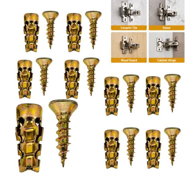A set of heavy-duty thread repair wall anchors in brass and silver finishes shown with various mounting options.