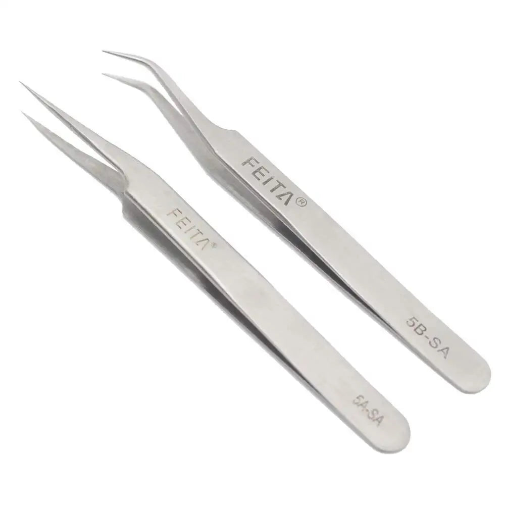 A pair of precision stainless steel tweezers with 5B-SA and 5A-SA tips.