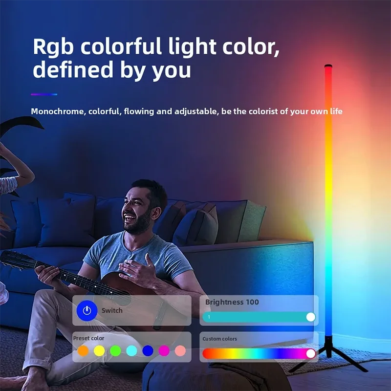An RGB LED floor lamp illuminates a room, showcasing customizable light colors and features.