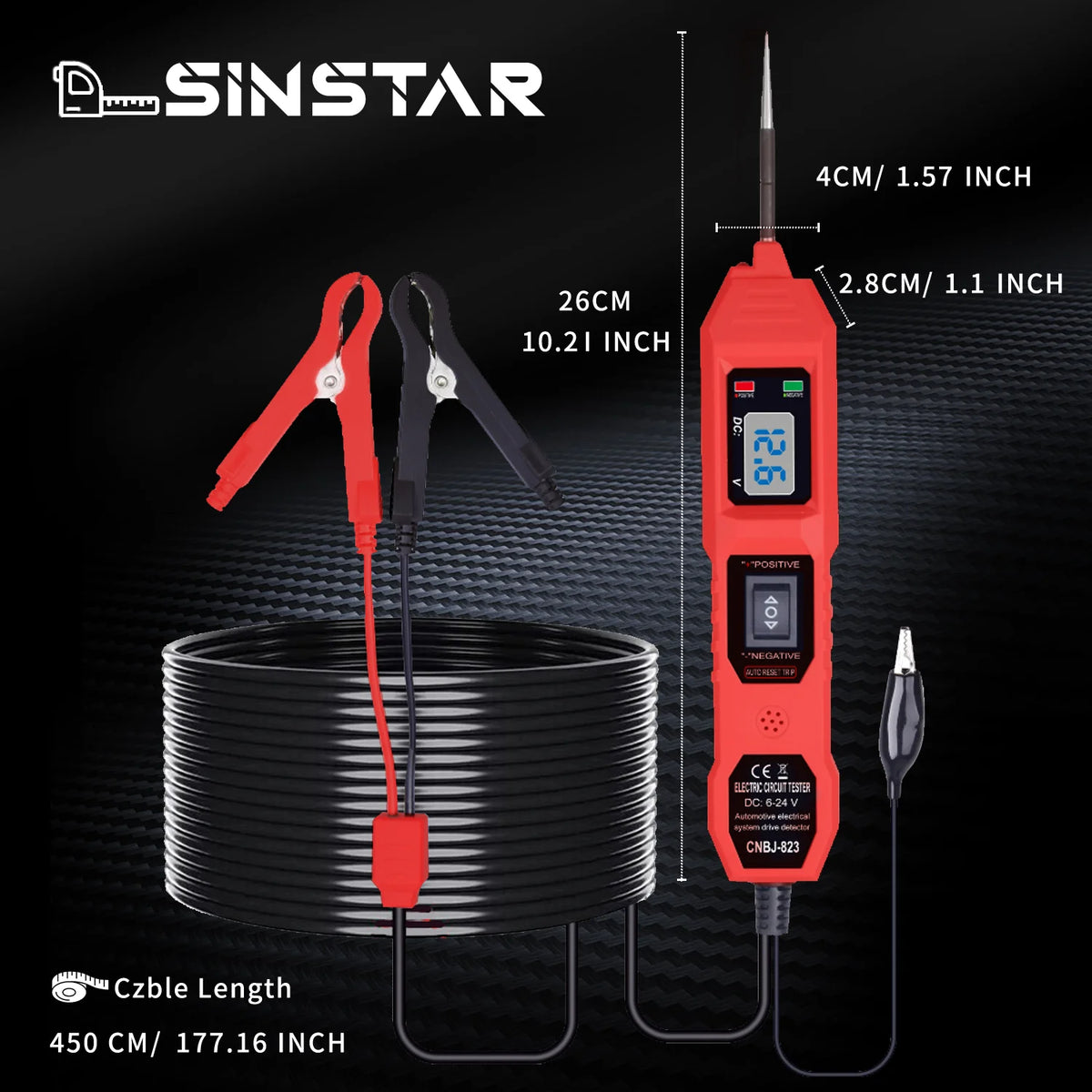 A red professional automotive circuit tester device with a probe and cable is shown next to a coiled wire.