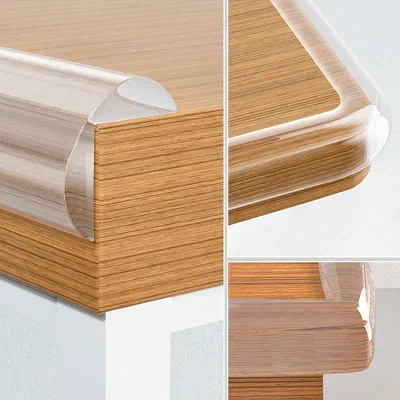 Close-up view of transparent PVC baby safety edge guards in natural wood tone, showing the product's profile and texture.