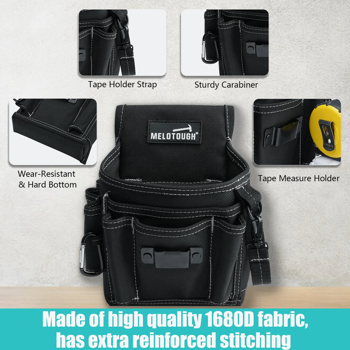 Black tool belt set featuring a tape holder strap, sturdy carabiner, and tape measure holder made of high quality fabric