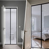 A series of interior and exterior glass doors showing a modern home's entrance and bedroom views.
