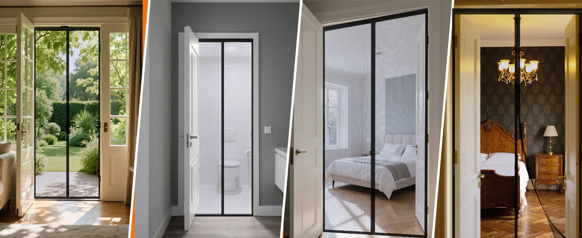 A series of interior and exterior glass doors showing a modern home's entrance and bedroom views.