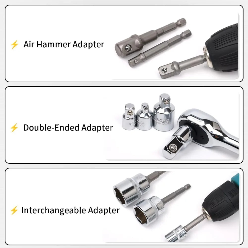 A set of interchangeable adapters including an air hammer adapter, a double-ended adapter, and an interchangeable adapter.
