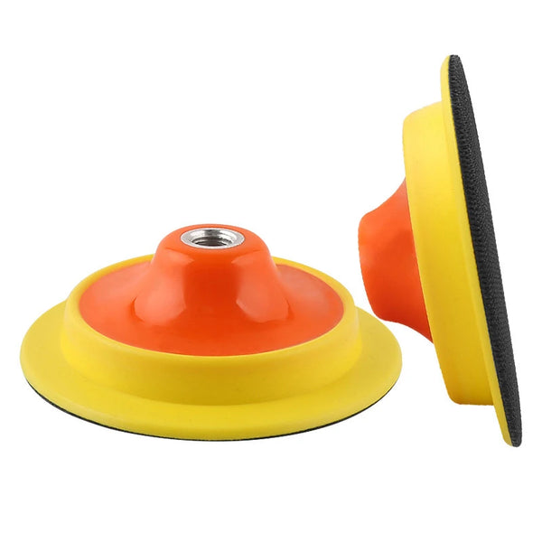 A round orange and yellow rotary polisher backing pad with a black felt edge.