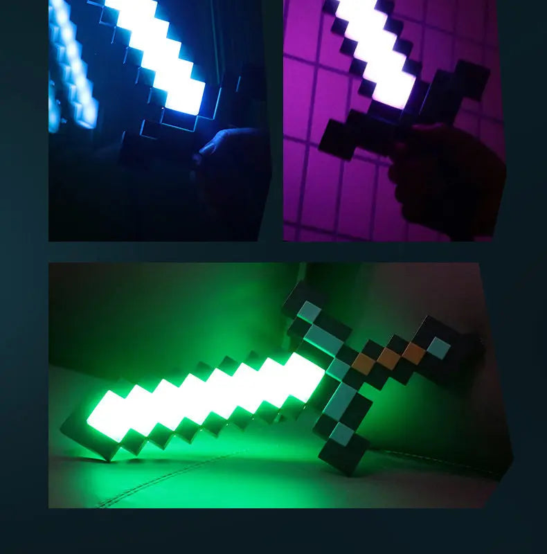 A prop of a diamond sword with light-up segments in rainbow colors against a dark background.