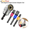 A set of 105 degree angle socket adapters for drills and screwdrivers, showing various sizes like 3/8 and 1/2 inch.