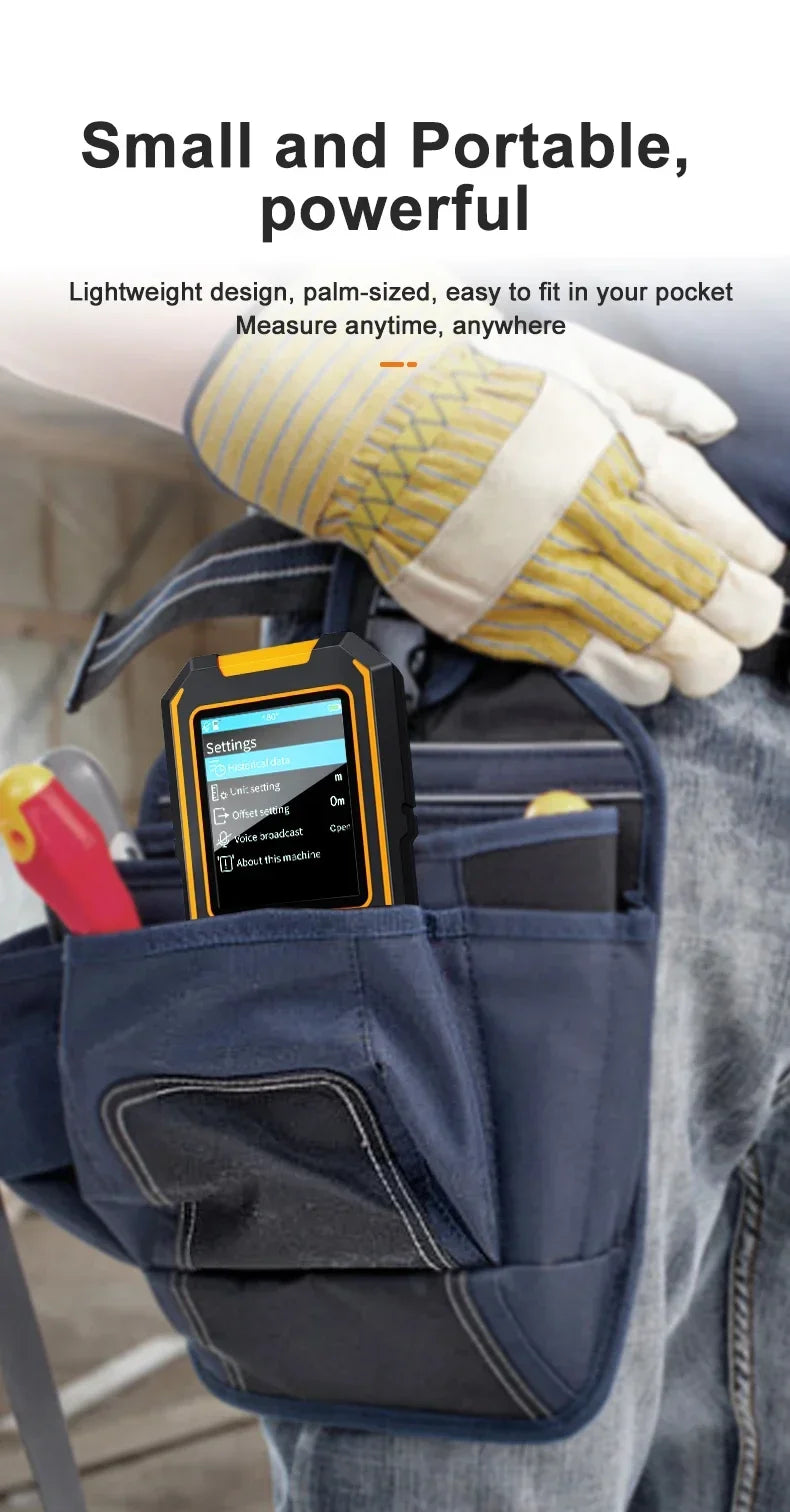 A handheld wall penetration detector device is shown in a pocket, held by a gloved hand.