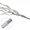 A close-up view of a stainless steel clothesline rope with multiple strands.