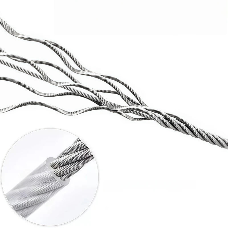 A close-up view of a stainless steel clothesline rope with multiple strands.