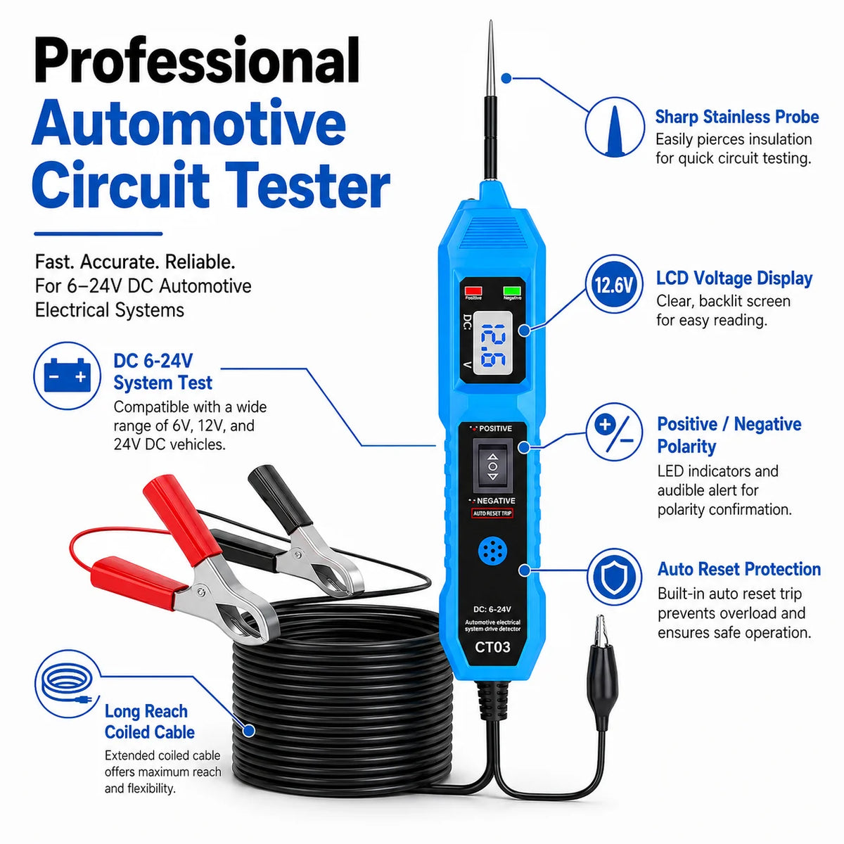 A blue digital automotive circuit tester with probes and cable is shown for electrical testing.