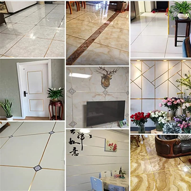 Close-up view of various decorative tile gap tape and grout repair materials used in flooring installation.