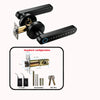 A black smart digital lock mechanism with a handle and a keypad, shown alongside accessories like cards and keys.