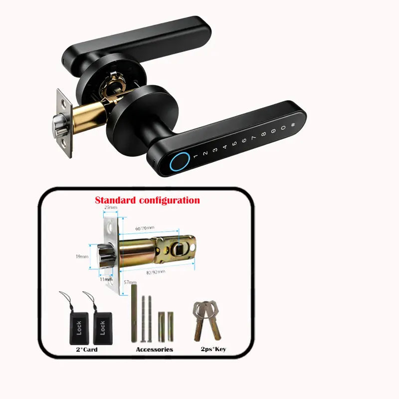 A black smart digital lock mechanism with a handle and a keypad, shown alongside accessories like cards and keys.