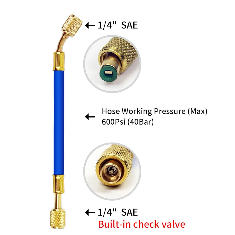 A blue precision oil and dye injector kit with brass fittings and a built-in check valve.