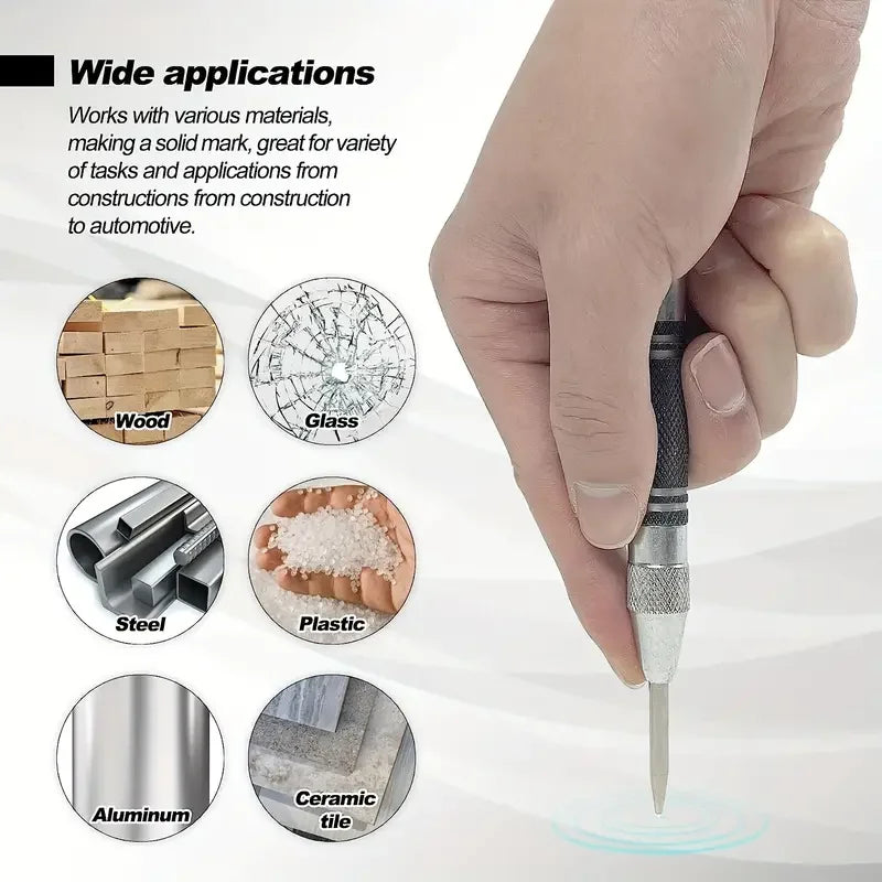 A hand holds a heavy duty automatic center punch tool demonstrating its wide applications on various materials like wood, gla