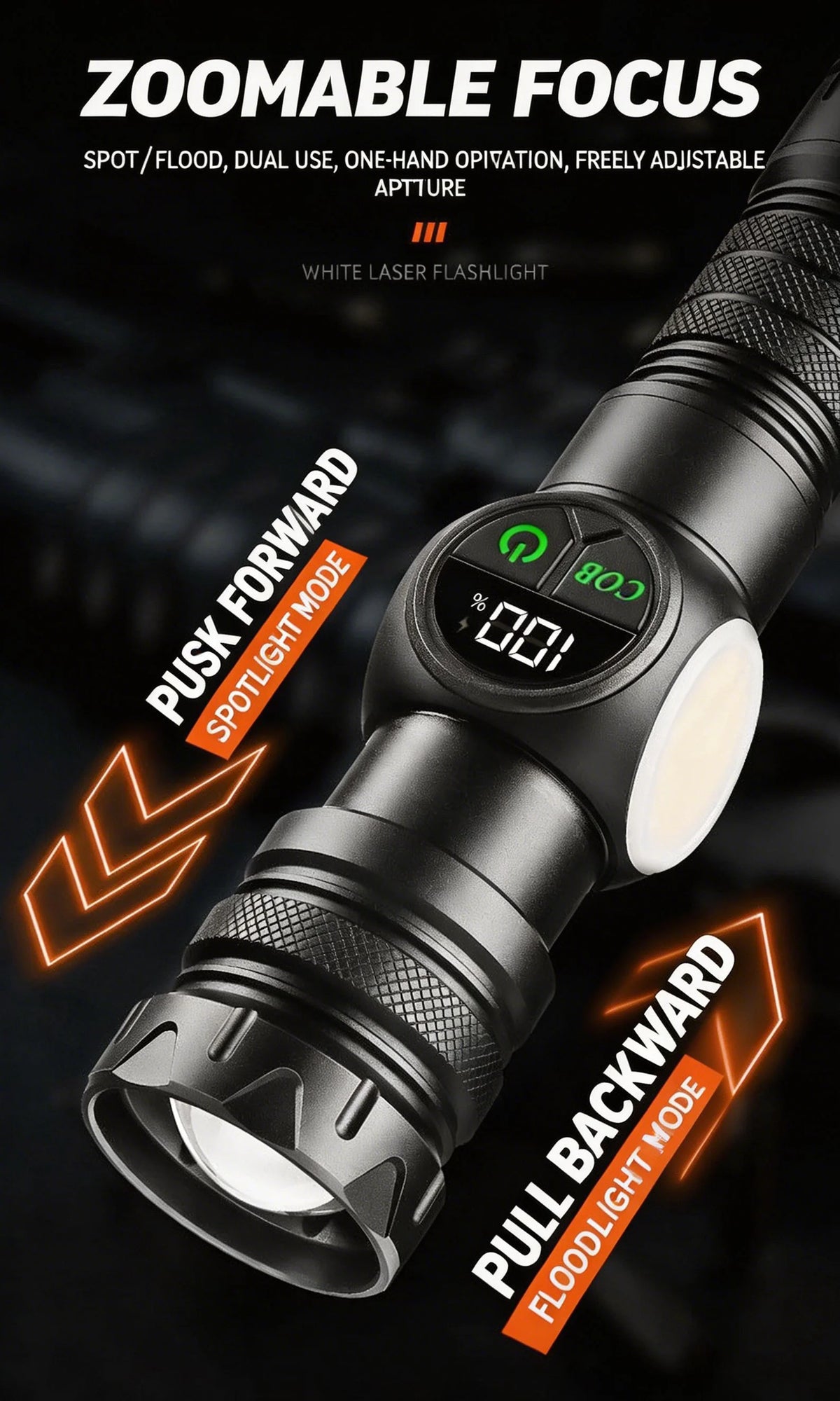 Schwarze taktische wiederaufladbare LED-Taschenlampe mit Zoomlinse für Vorschub- und Rückwärtsstrahlfunktionen.