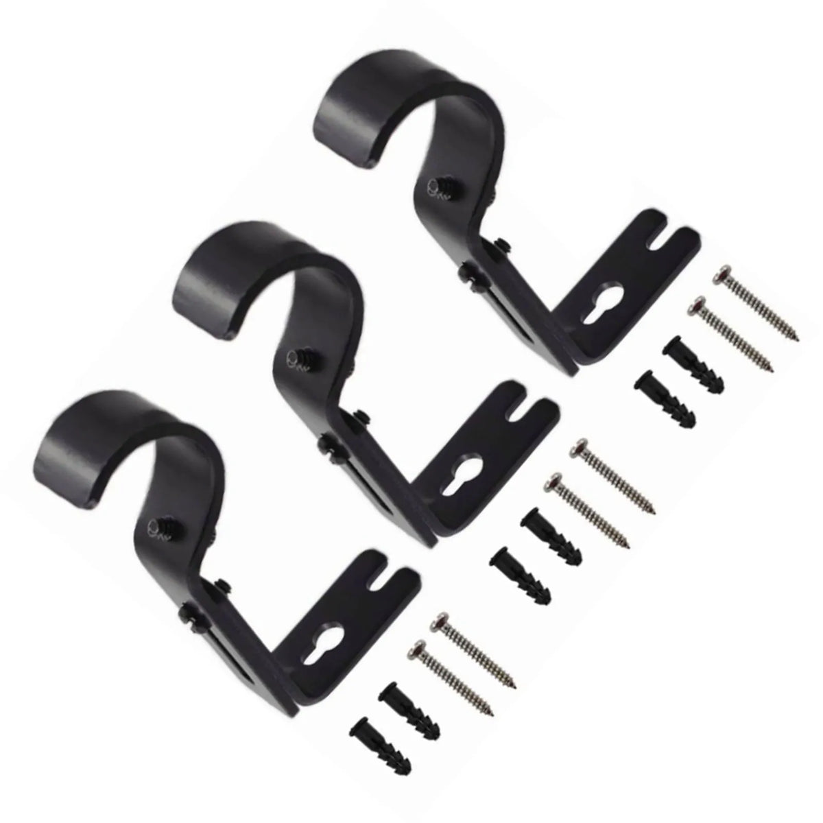 Un juego de tres ganchos de pared negros ajustables para barras de cortina.