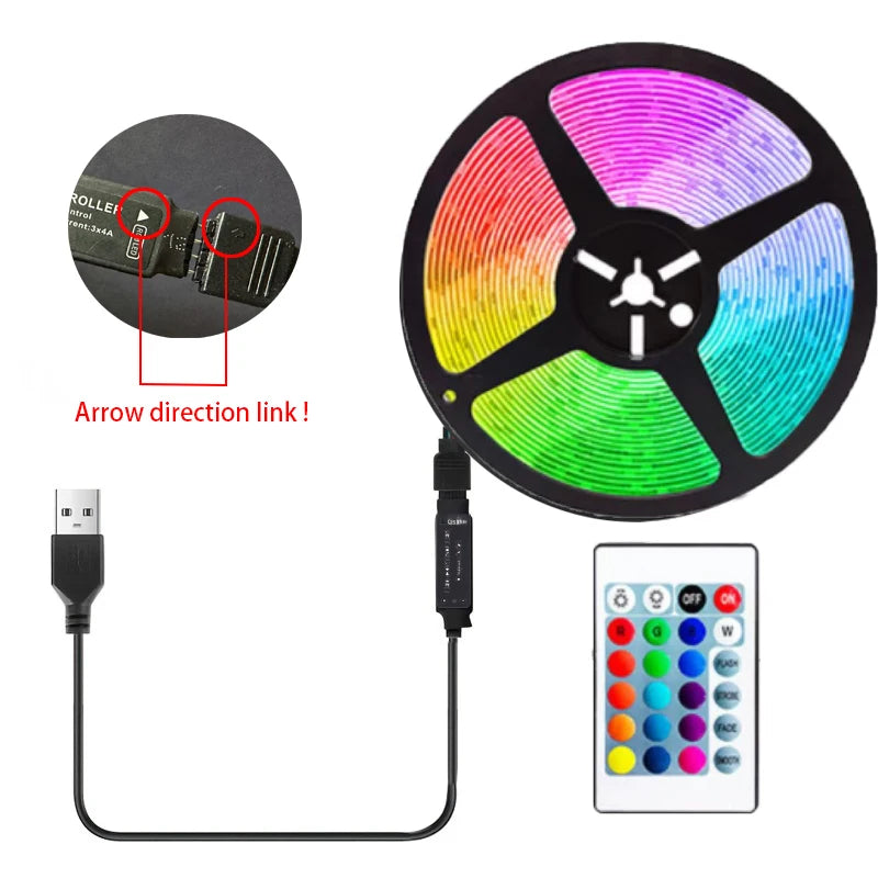 A circular RGB LED light panel connected by a cable to a USB plug and a remote control.