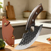 A forged stainless steel boning knife with a wooden handle and bottle opener resting on a wooden cutting board.