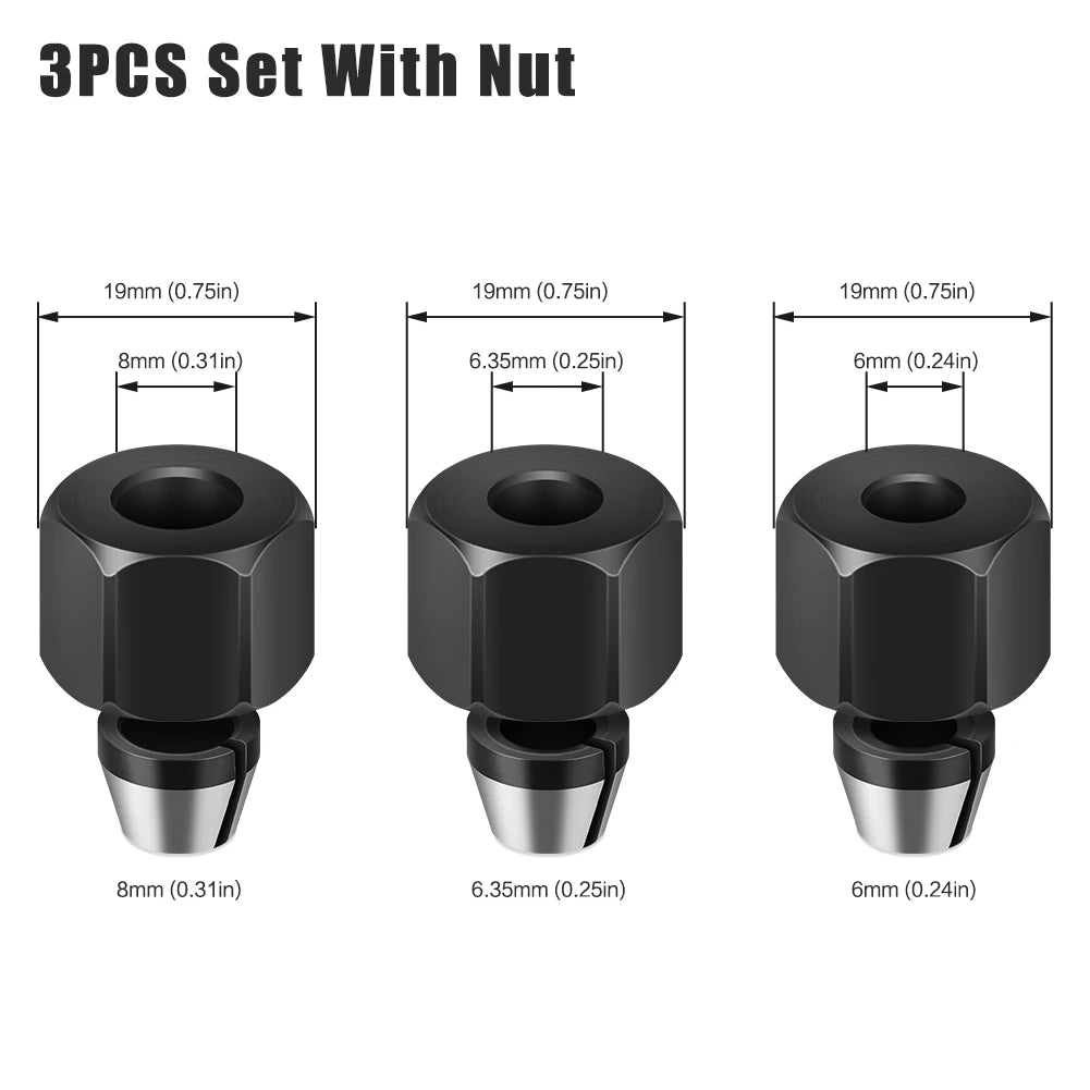 A set of three precision router collet nuts with various sizes and dimensions shown in black and silver.