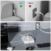 A power strip with 4 outlets and 6 USB ports is shown plugged into a wall socket, demonstrating space-saving design.
