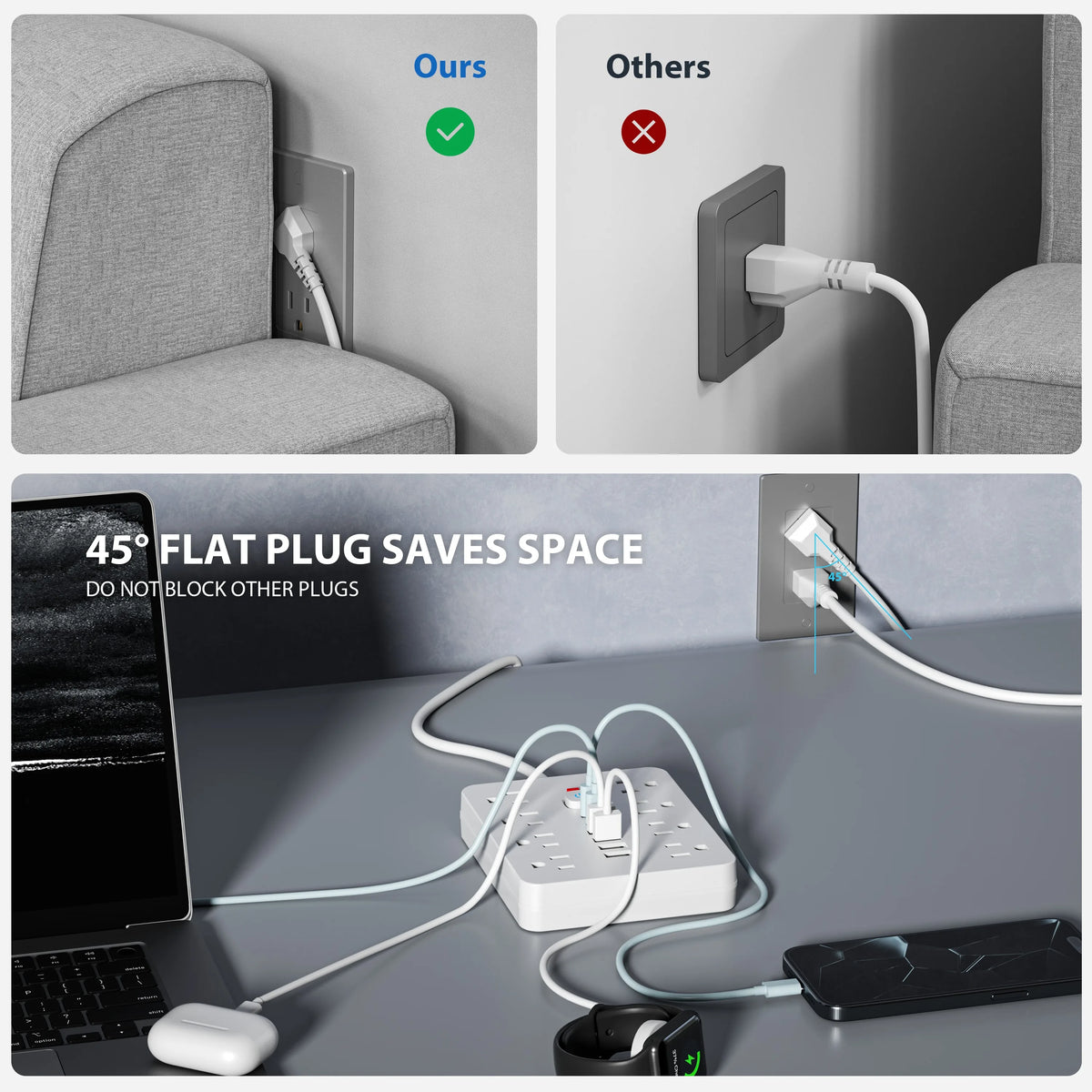 A power strip with 4 outlets and 6 USB ports is shown plugged into a wall socket, demonstrating space-saving design.
