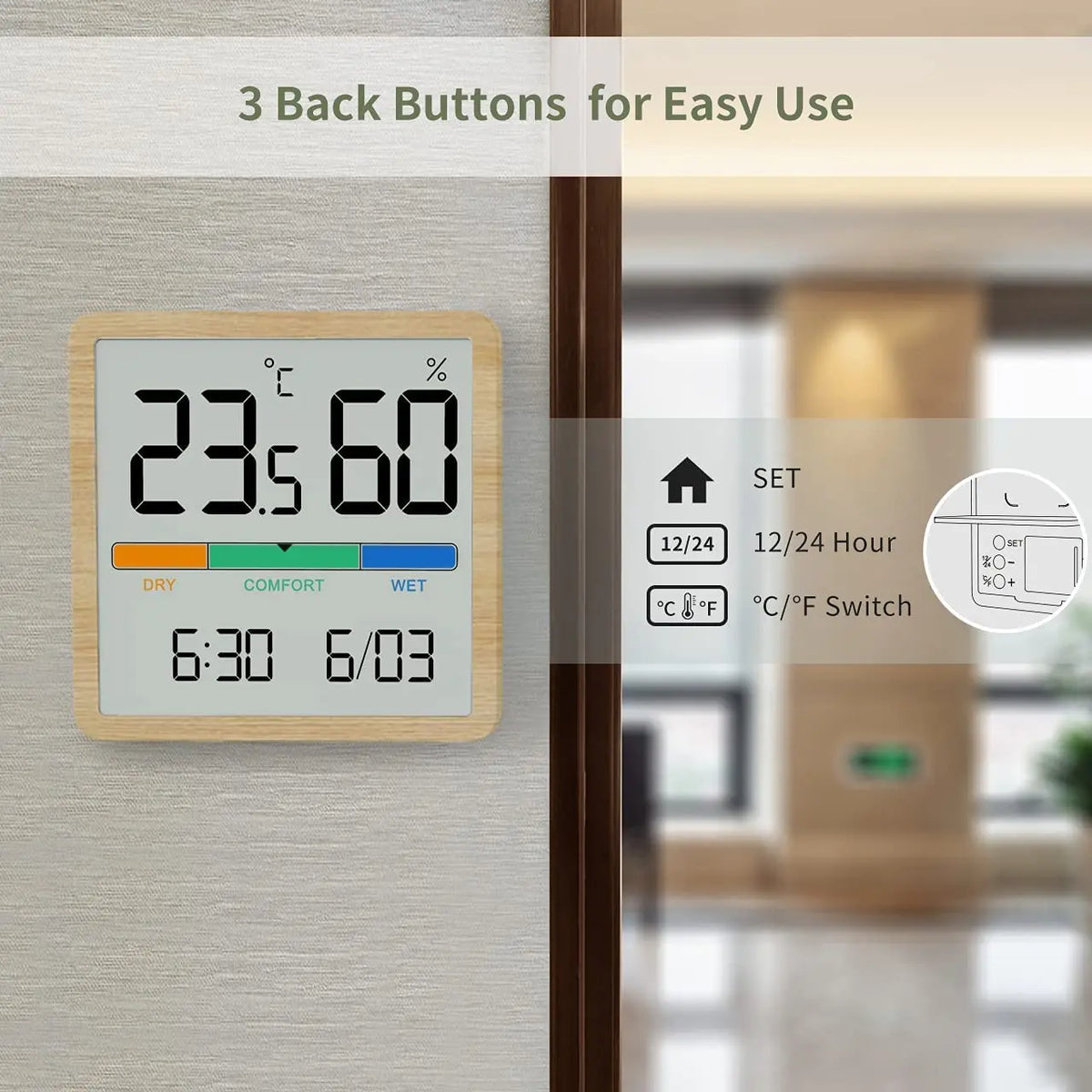 A digital indoor thermometer and hygrometer displaying 23.5°C, 60% humidity, and the time 6:30, mounted on a wall.