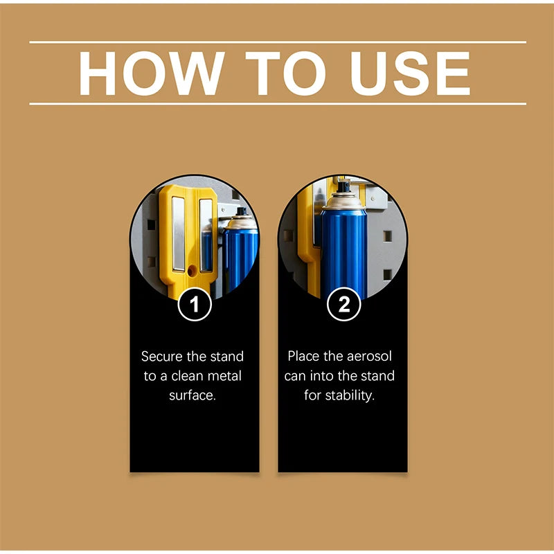 Instructional image showing how to use a magnetic spray can holder with steps for securing the stand and placing the aerosol.