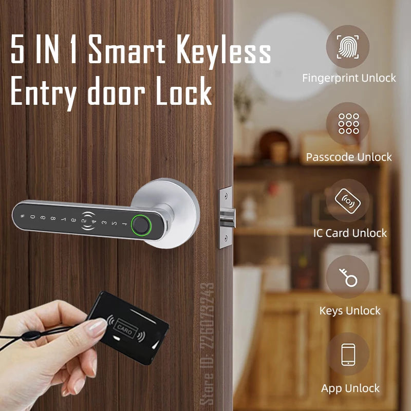 A hand holds a black card near a smart fingerprint entry door lock installed on a wooden door.