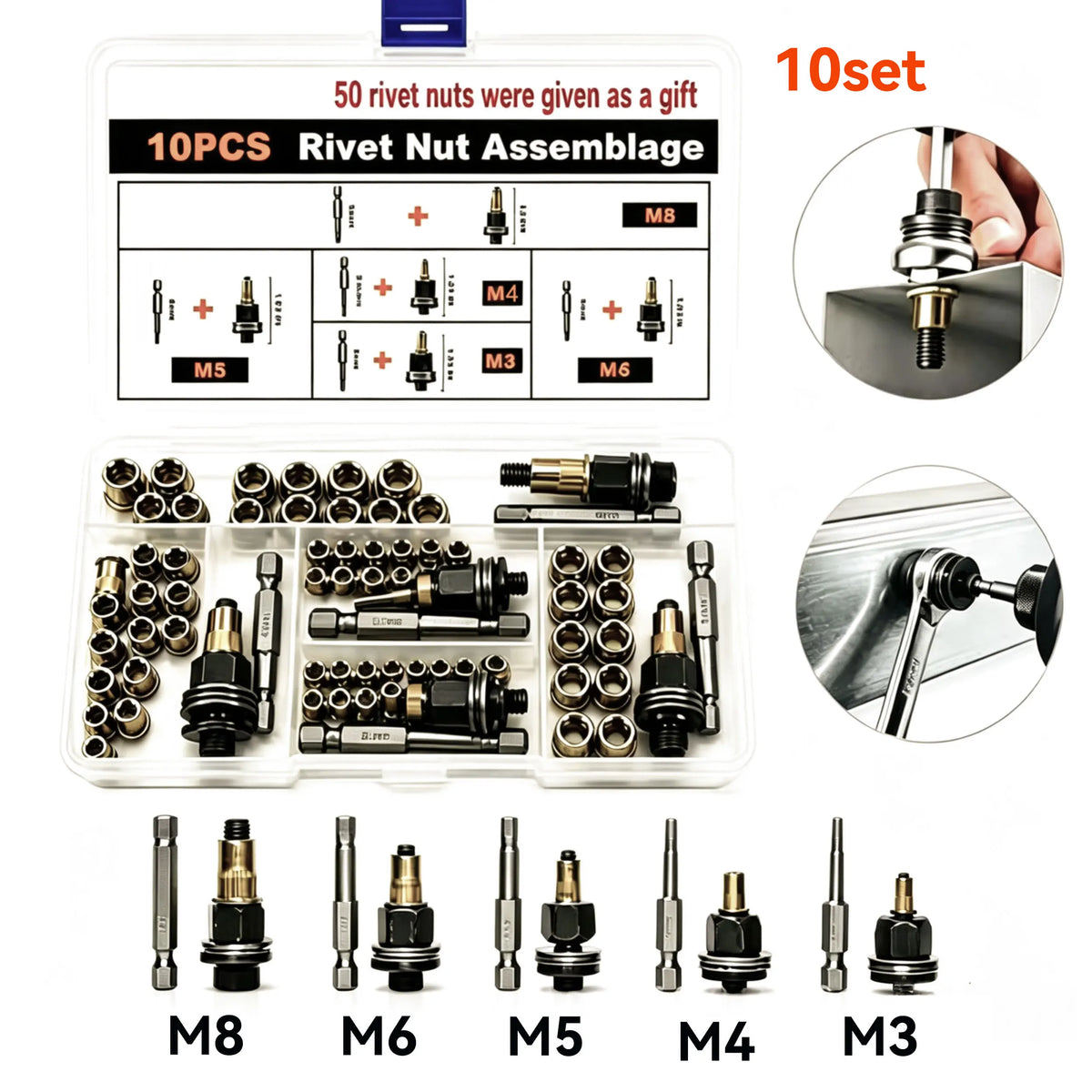 A set of 10 rivet nuts and various sized rivets including M8, M6, M5, M4, and M3 for riveting assemblies.