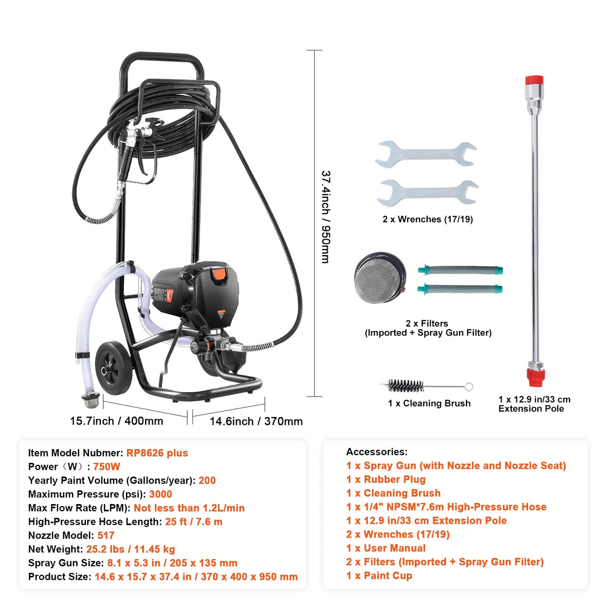 Professionerischer elektrischer Airless-Lackierer mit Schläuchen, Pinseln und Zubehör.