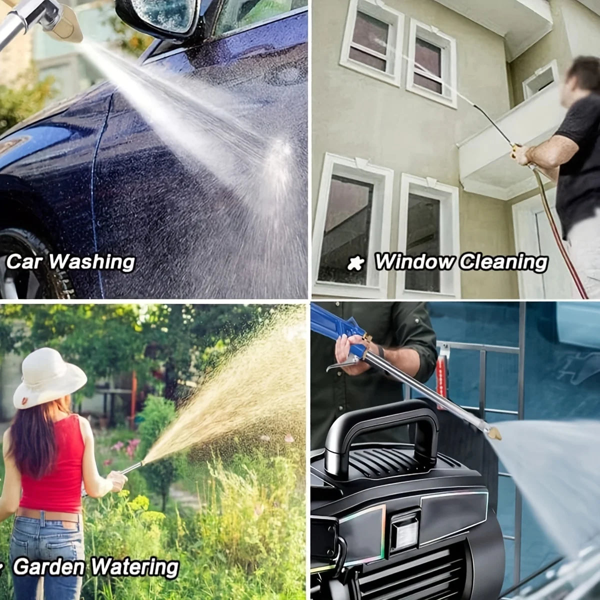 A collection of images showing various cleaning tasks including car washing, window cleaning, and garden watering using a pne