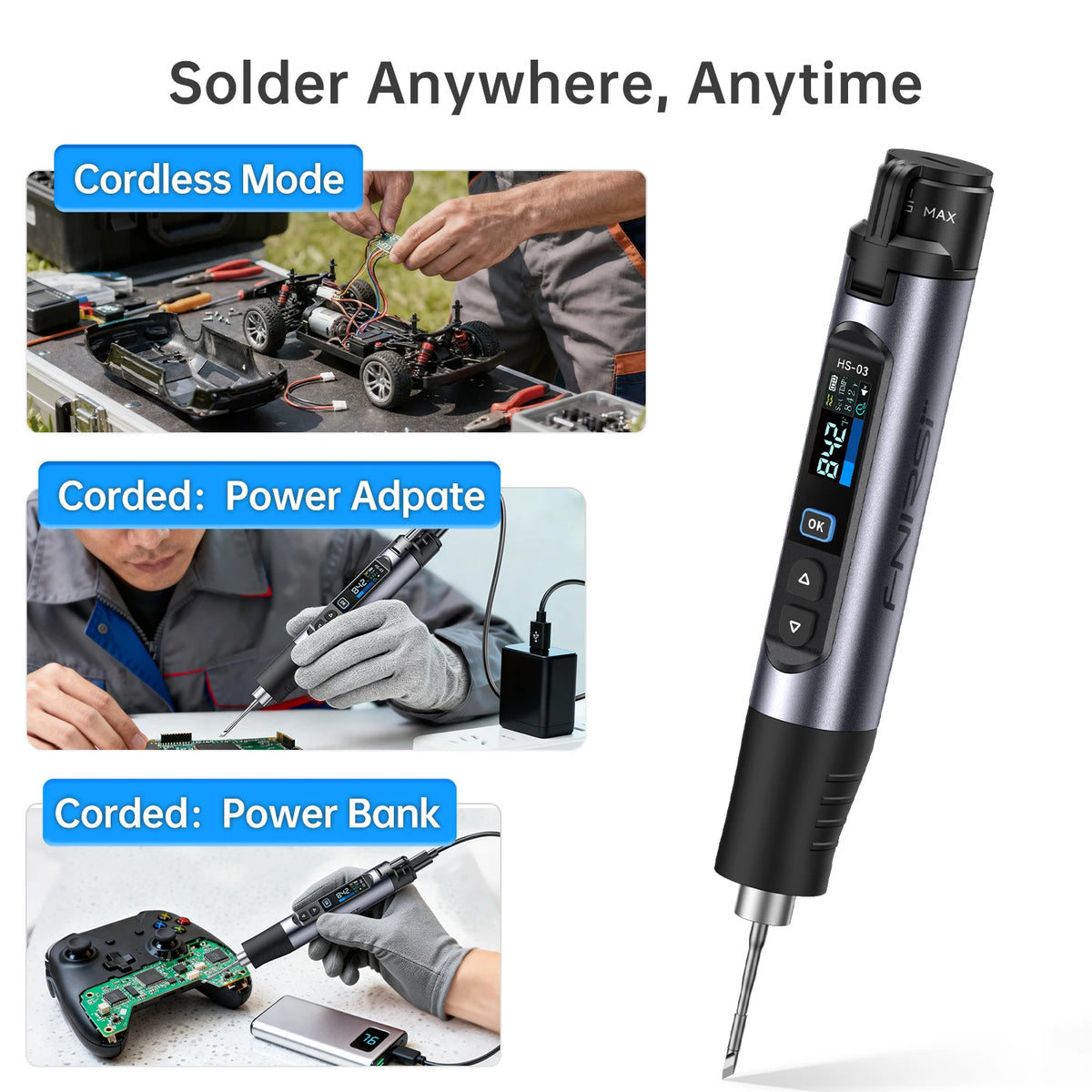 A cordless soldering iron kit shown with various modes including power adapter and power bank options.