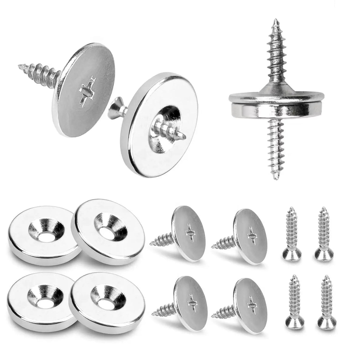 Various types of invisible magnetic door latches and screws for furniture.