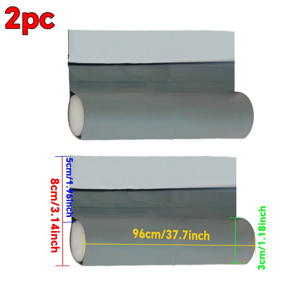 Two gray door draft stoppers shown side by side with dimensions labeled.