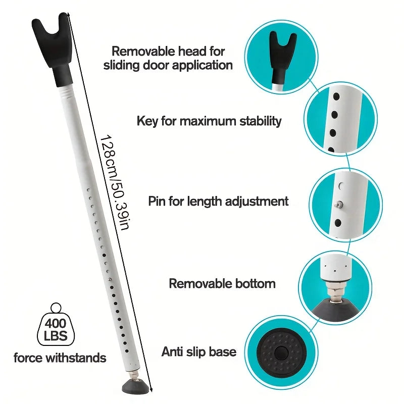 An adjustable portable door security bar with a removable head, length adjustment pin, removable bottom, and anti-slip base.
