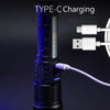 A black tactical LED flashlight with a Type-C charging port and a white charging cable connected to a USB adapter.