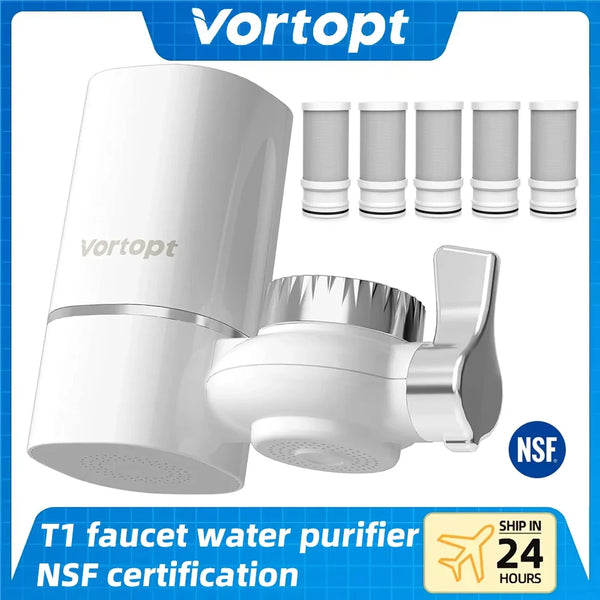 A white Vortopt T1 faucet water purifier with a stainless steel mount, certified by NSF.