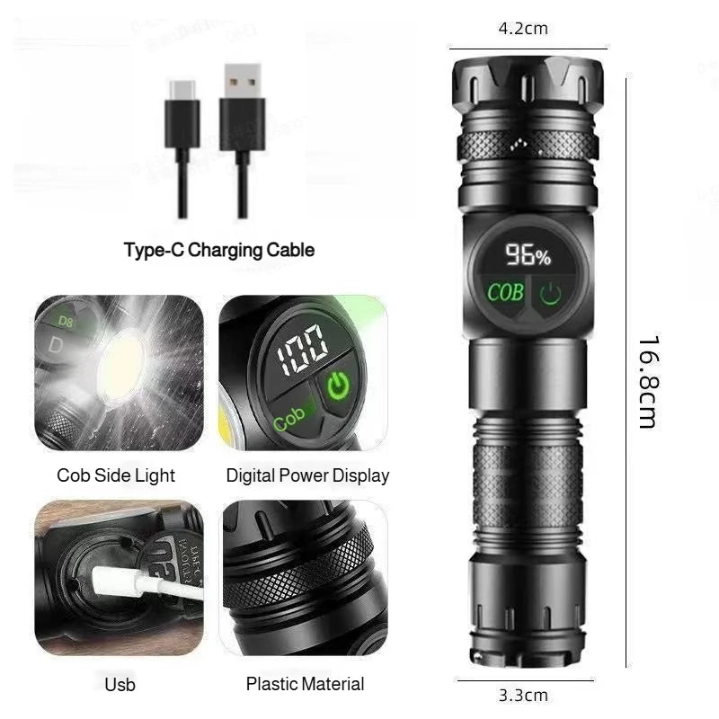 Taktische wiederaufladbare LED-Taschenlampe mit Komponenten wie USB-C-Kabel, Leistungsanzeige und Kunststoffmaterial