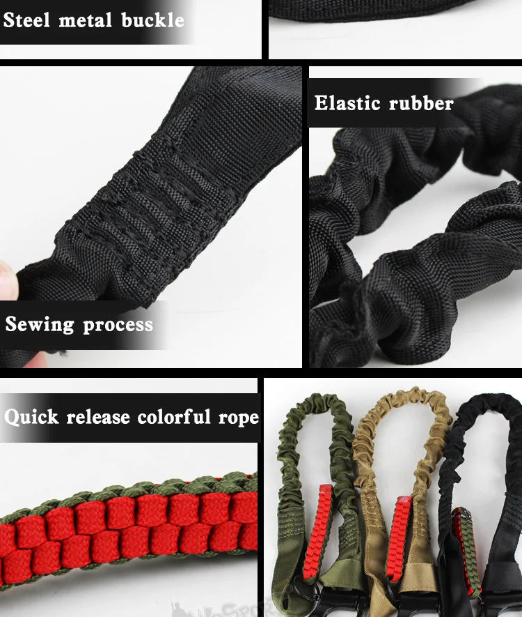 Verschiedene Komponenten, darunter eine Stahl-Metall-Schnalle, elastischer Gummi, eine Näharbeit und bunte Seile für einen ta