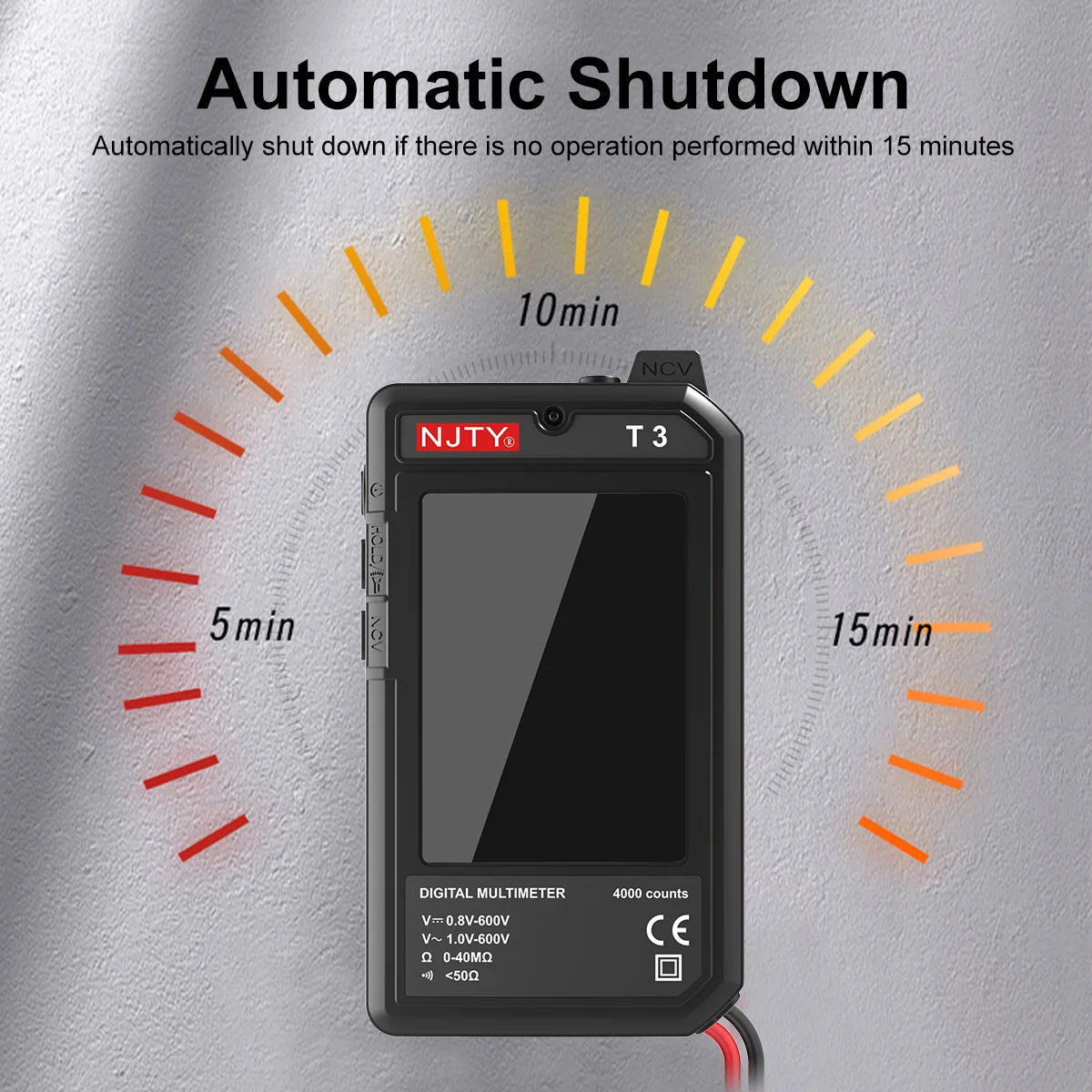 A digital multimeter is shown with an automatic shutdown feature indicated by a 15-minute timer.