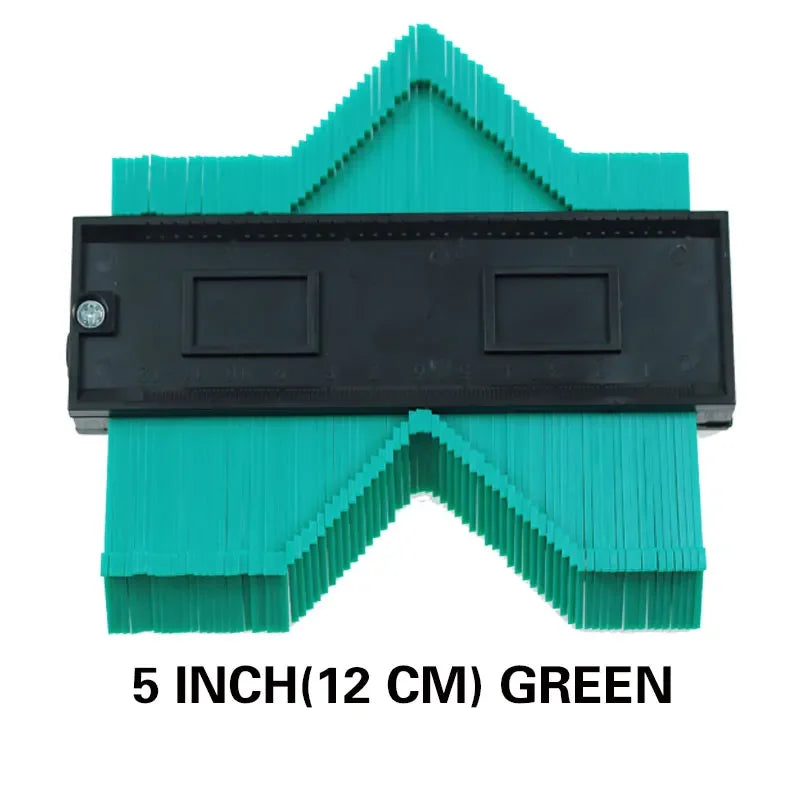 A green, five-inch precision contour gauge or ruler with a triangular shape.