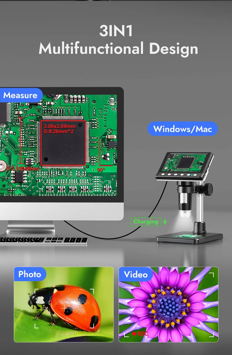 Conjunto digital multifuncional de microscopio 3 en 1 mostrando una placa de circuito, un módulo de microscopio y salida de f
