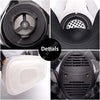 Close-up views of an industrial chemical gas respirator showing filter cartridges and a protective facepiece.