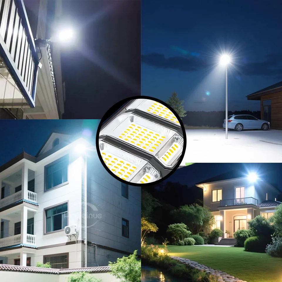 Various shots of an outdoor solar motion sensor LED light illuminating a building and landscape at night.