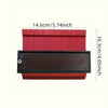 A precision plastic contour measuring ruler in red and black showing dimensions of 14.6cm/5.74inch and 10.3cm/4.05inch.