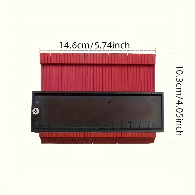 A precision plastic contour measuring ruler in red and black showing dimensions of 14.6cm/5.74inch and 10.3cm/4.05inch.