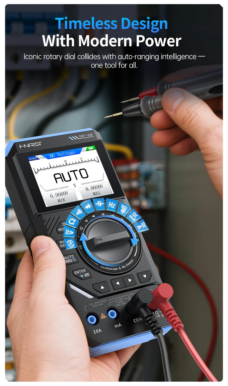 A hand holds an F-NIRSI digital multimeter oscilloscope with a rotary dial and auto-ranging feature, testing electronics.